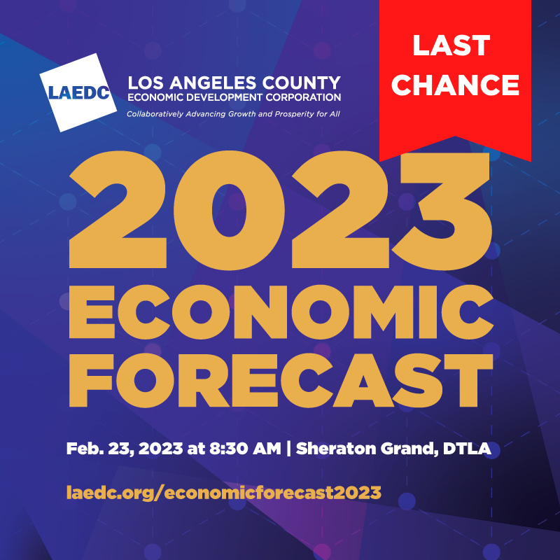 Last chance to register for the 2023 Economic Forecast! Join us to learn about global, national, and regional economic trends, opportunities, and challenges from industry experts. Register here: laedc.org/economicforeca…