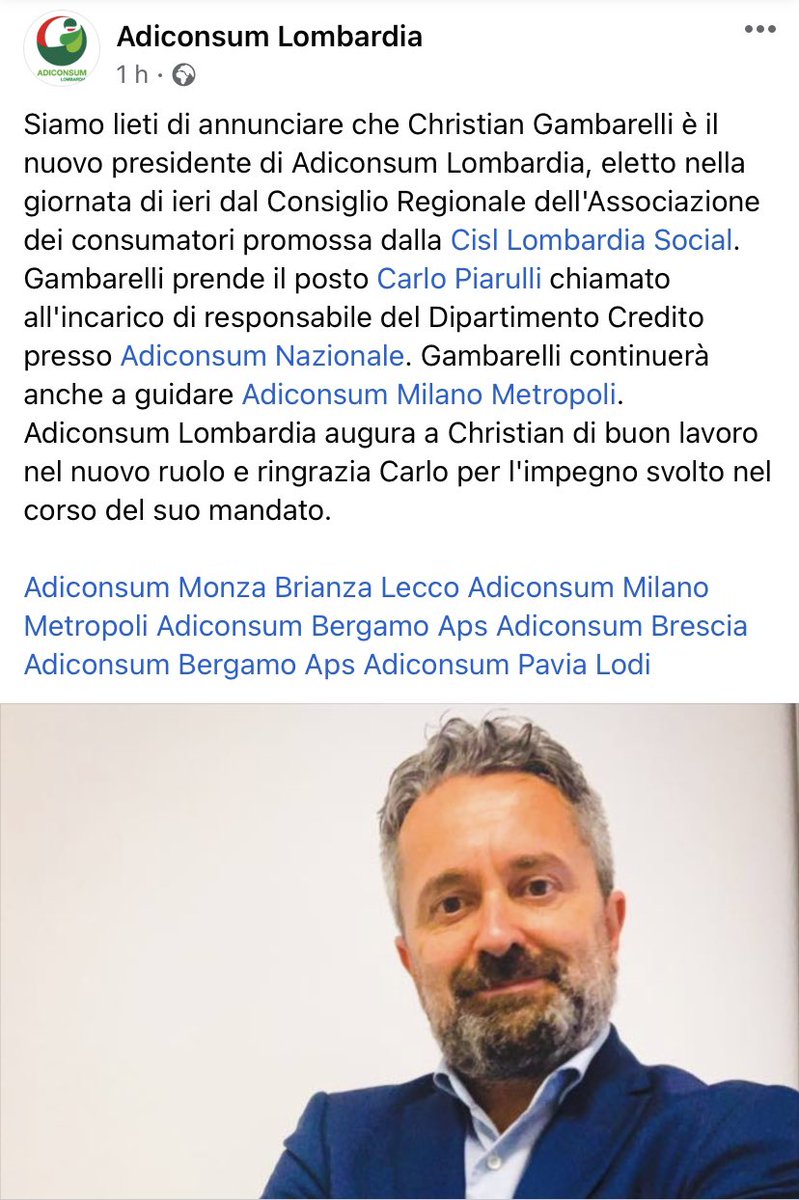 Nella giornata di ieri è stato eletto Presidente Adiconsum Lombardia Christian Gambarelli <a href="/C_Gambarelli/">Christian Gambarelli 🇪🇺</a> succede a Carlo Piarulli chiamato a coordinare il sistema del credito presso <a href="/adiconsum/">ADICONSUM NAZIONALE</a> nazionale
