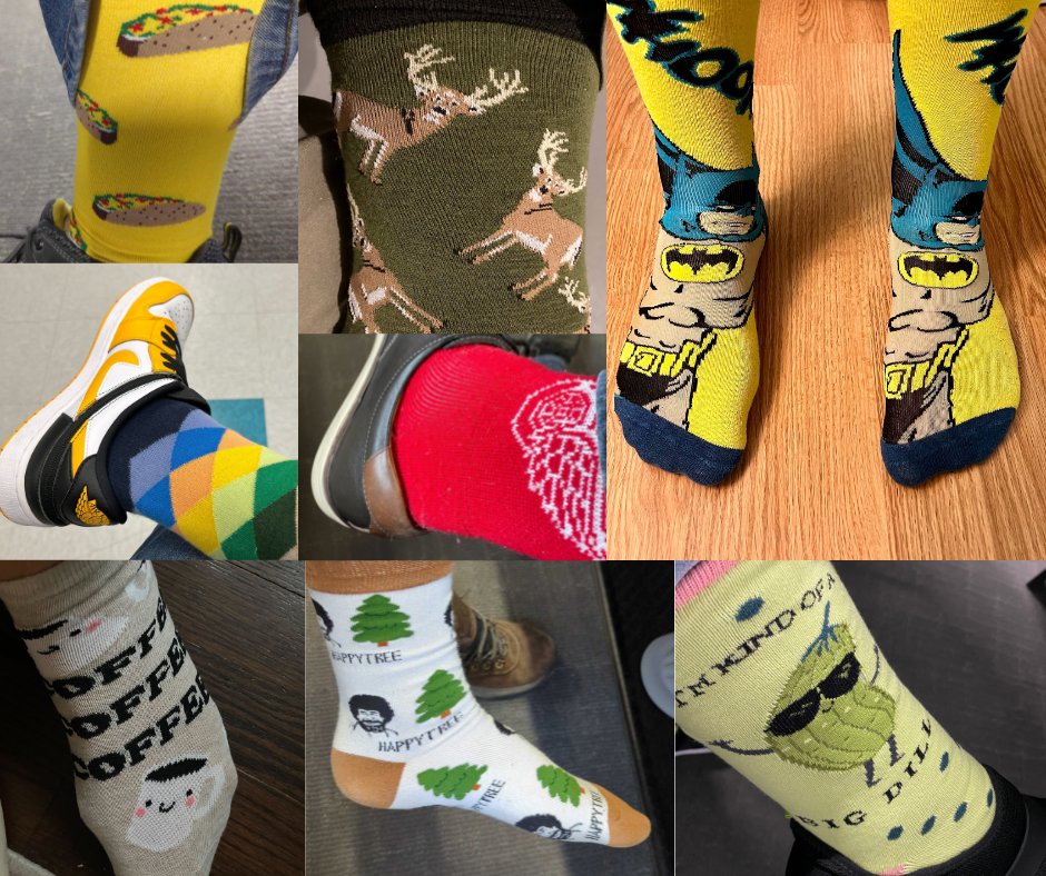 hiddenlevelinc's tweet image. Holy socks Batman! Can we taco 🌮 &apos;bout what a big dill 🥒 #FunSockFriday is? #Justforfun, on Fridays we put on our best socks and share smiles with the team. Have yourself a happy little Friday 😃🌲 and a great weekend!