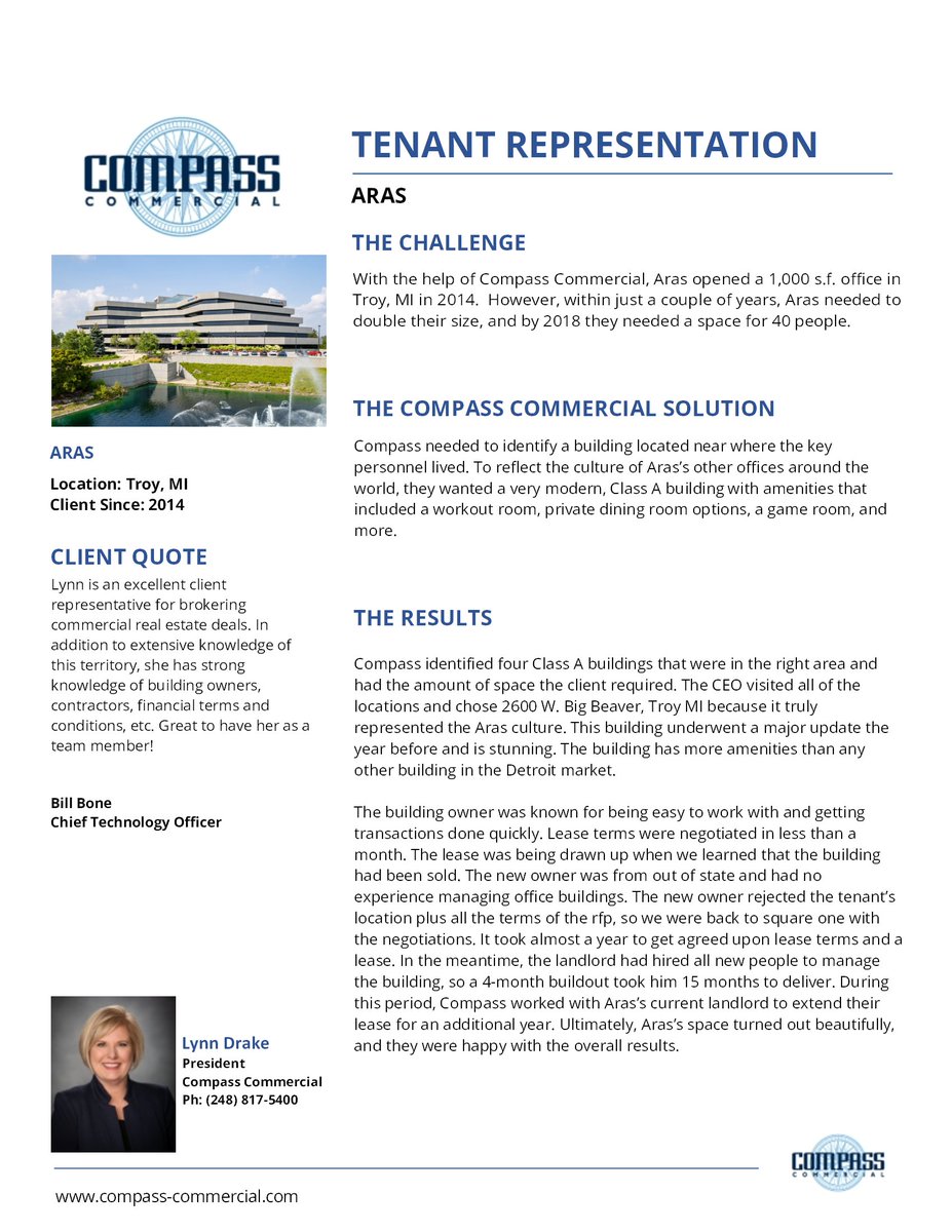 CompassComml's tweet image. Compass helped Aras locate a class A building in Troy that represented their culture and had more amenities than any other buildings in the Detroit market. 

Contact us today to see how we can help you.