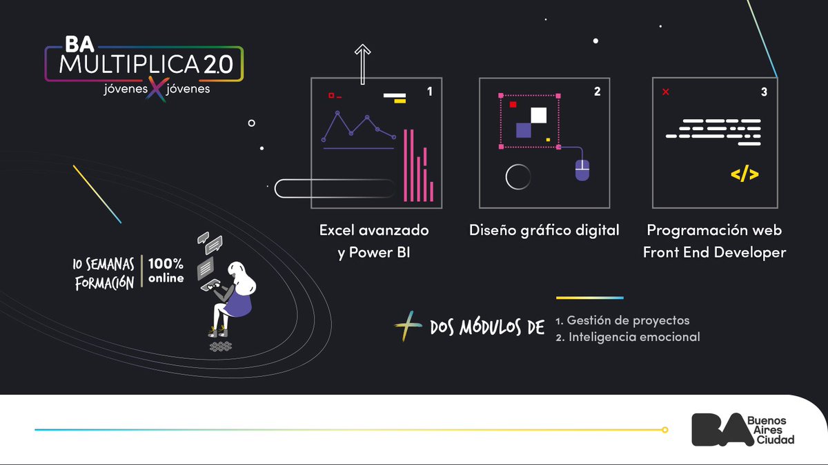 💥Vuelve #BAMULTIPLICA2.0💥

Capacitate en:
📊Excel avanzado y power BI inicial
🖼️Diseño gráfico digital
🧑‍💻Programador web inicial - Front End developer
➕Módulo de gestión de proyectos e inteligencia emocional

🔎Para más información e inscripción: bit.ly/3xwoqHv