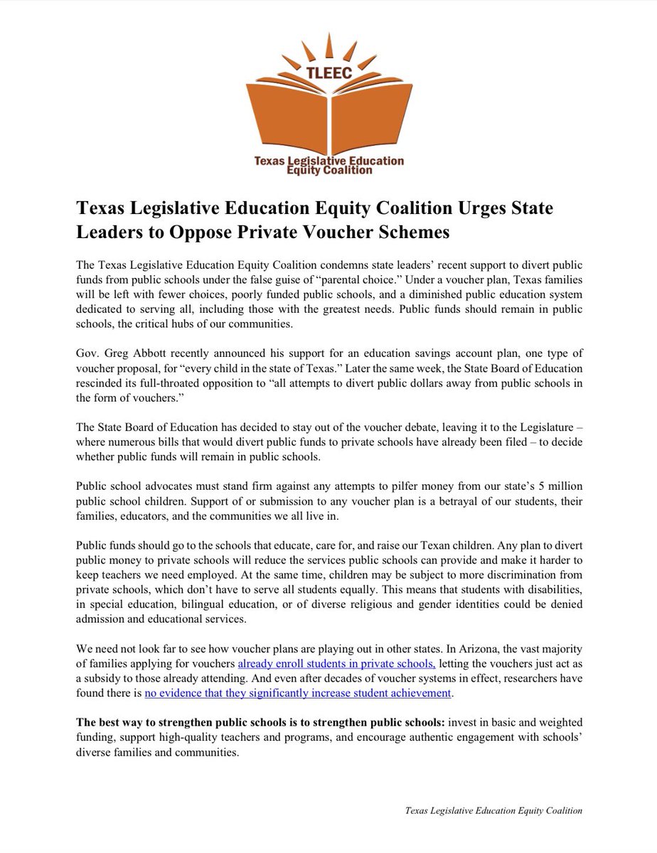 TxTLEEC's tweet photo. While state leaders continue to push private voucher schemes, we aren’t buying them.
We need to invest in our public schools, support quality teacher programs, & encourage authentic engagement with schools’ diverse families and communities. #txed #txlege https://t.co/uhjEhrHOwE