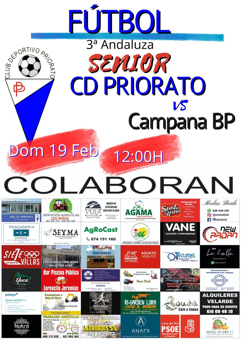 Te gusta el fútbol? El próximo domingo a las 12:00 partido en la cumbre de la Tercera Andaluza
Te esperamos apoyando al Priorato, por supuesto!!
<a href="/CeDePriorato/">CD PRIORATO</a> <a href="/FranCarrasco/">Fran Carrasco</a> <a href="/aytoloradelrio/">Ayto. Lora del Río</a> <a href="/LoraInformacion/">Lora Información</a>