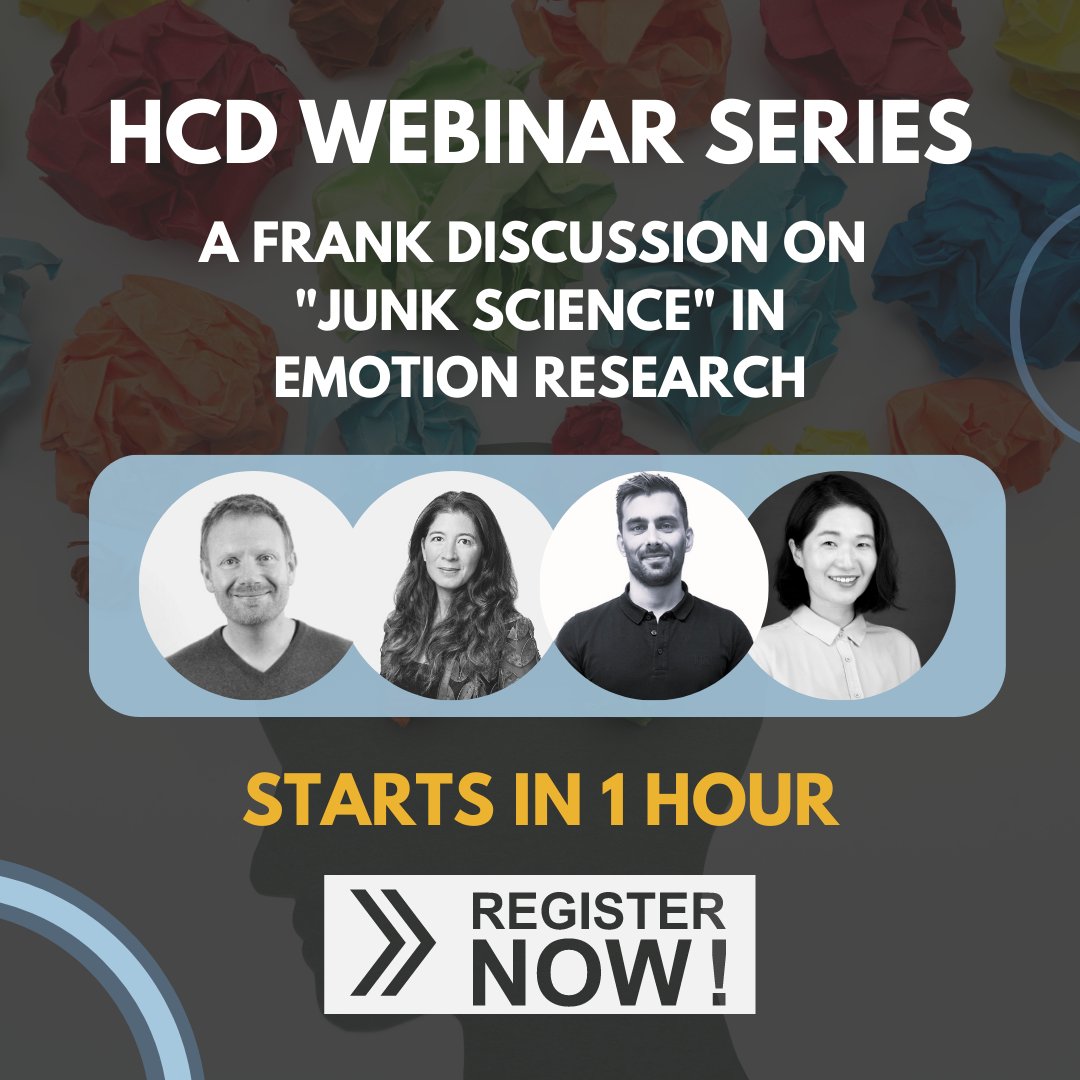HCDResearchInc's tweet image. It&apos;s not too late! Sign up for HCD&apos;s Webinar, A Frank Discussion on &quot;Junk Science&quot; in Emotion Research, starting in 1 hour to hear about how research experts measure consumer emotions. 

Register for free: us02web.zoom.us/webinar/regist…
#facialcoding #emotions #biometrics