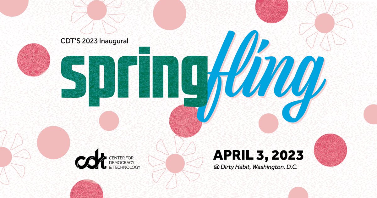 SAVE THE DATE: Join <a href="/CenDemTech/">Center for Democracy & Technology</a> on Monday, April 3, 2023 for our inaugural Spring Fling! During IAPP’s #GPS23, Spring Fling will bring together #privacy leaders from industry, civil society &amp; gov't for cocktails + good company.

Buy tix + sponsorship info: cdt.org/event/2023-spr…
