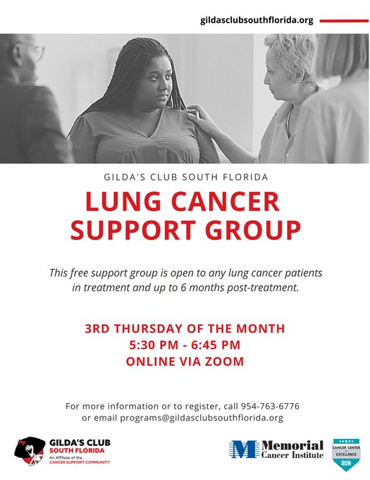 Gilda's Club South Florida and MCI are hosting its Lung Cancer Support Group THURSDAY! This FREE support group Zoom is open to lung cancer patients in treatment or up to 6 months post-treatment. Call 954-763-6776 or email programs@gildasclubsouthflorida.org to register!!