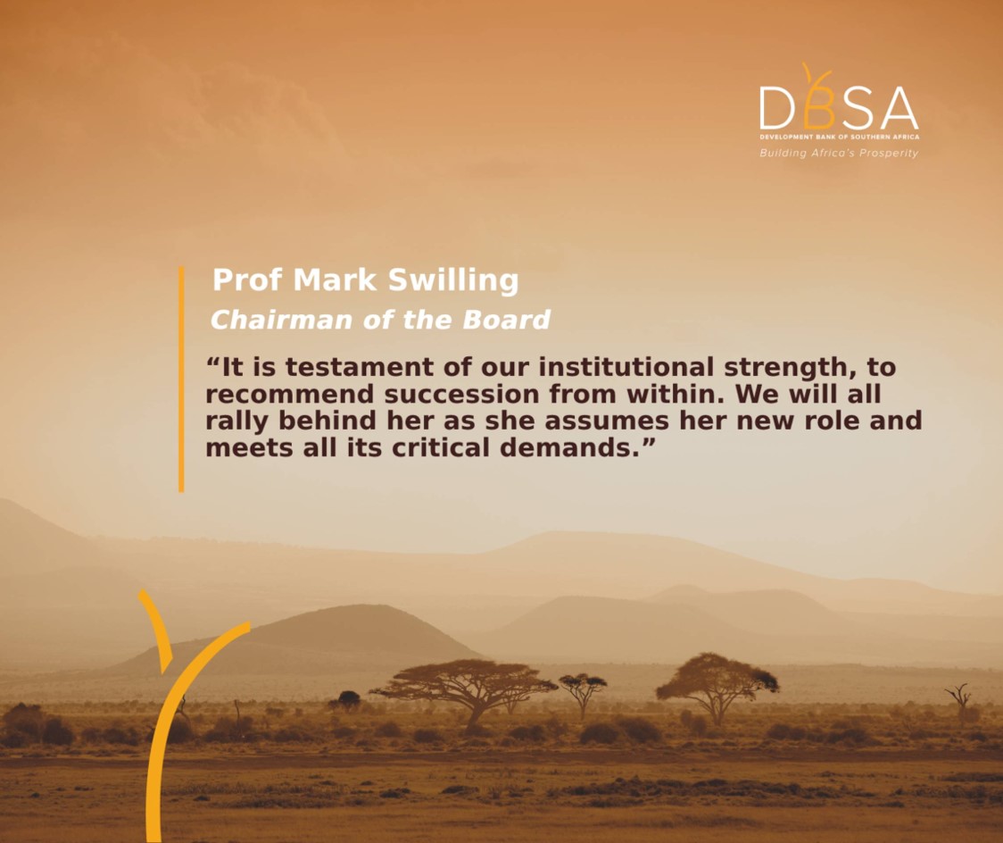 Cabinet has approved the recommendation to appoint Ms Boitumelo Mosako as the next Chief Executive Officer, and Executive Director of the DBSA. She takes the reins from Mr. Patrick Dlamini, who has been at the helm of the Bank since 2012.
