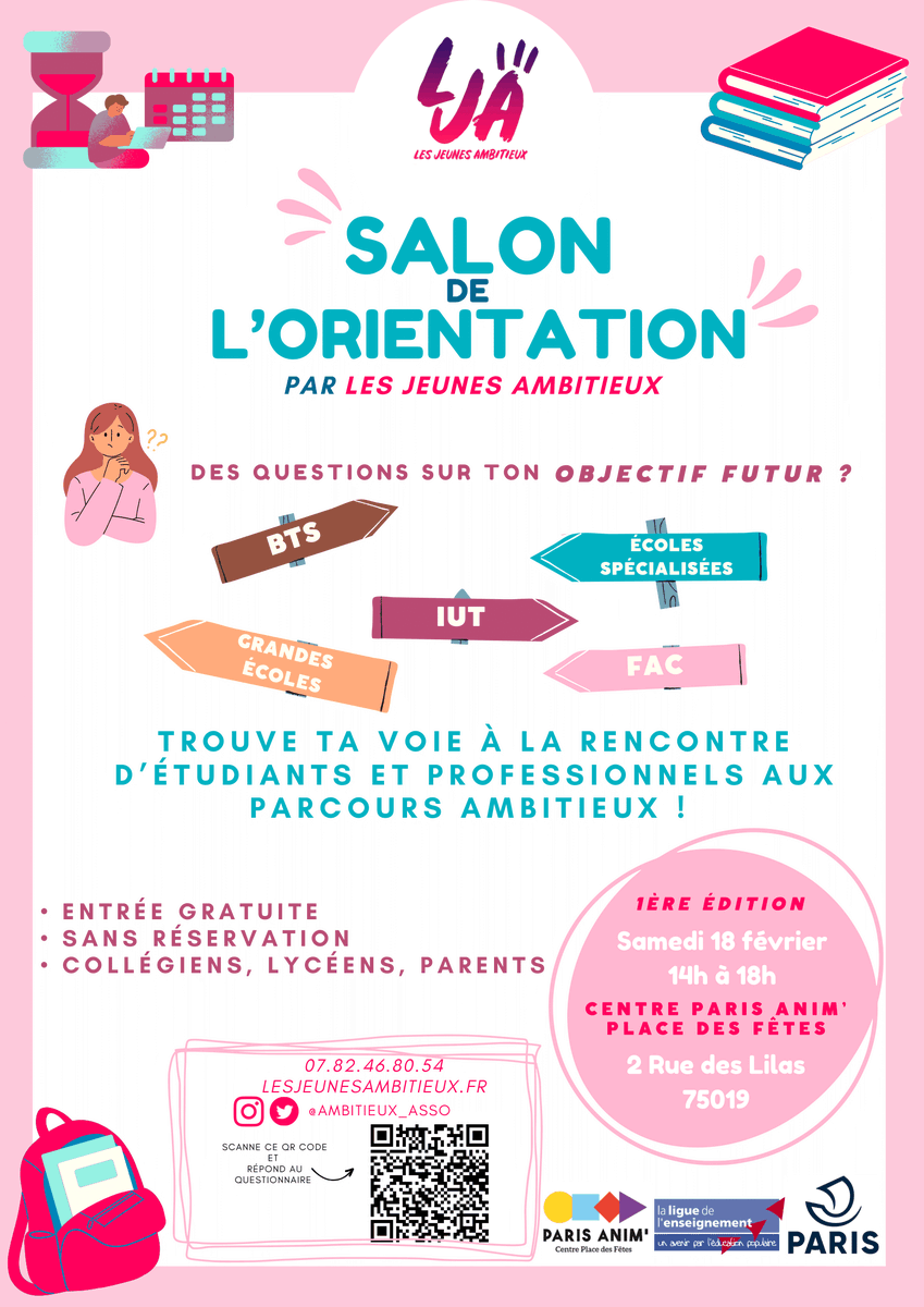 📣 L'association des Jeunes Ambitieux organise son premier salon de l'orientation demain à Place des Fêtes. 

👉 Cet évènement sera l'occasion pour les élèves de l'Est parisien d'échanger avec de très nombreux étudiants aux parcours inspirants.