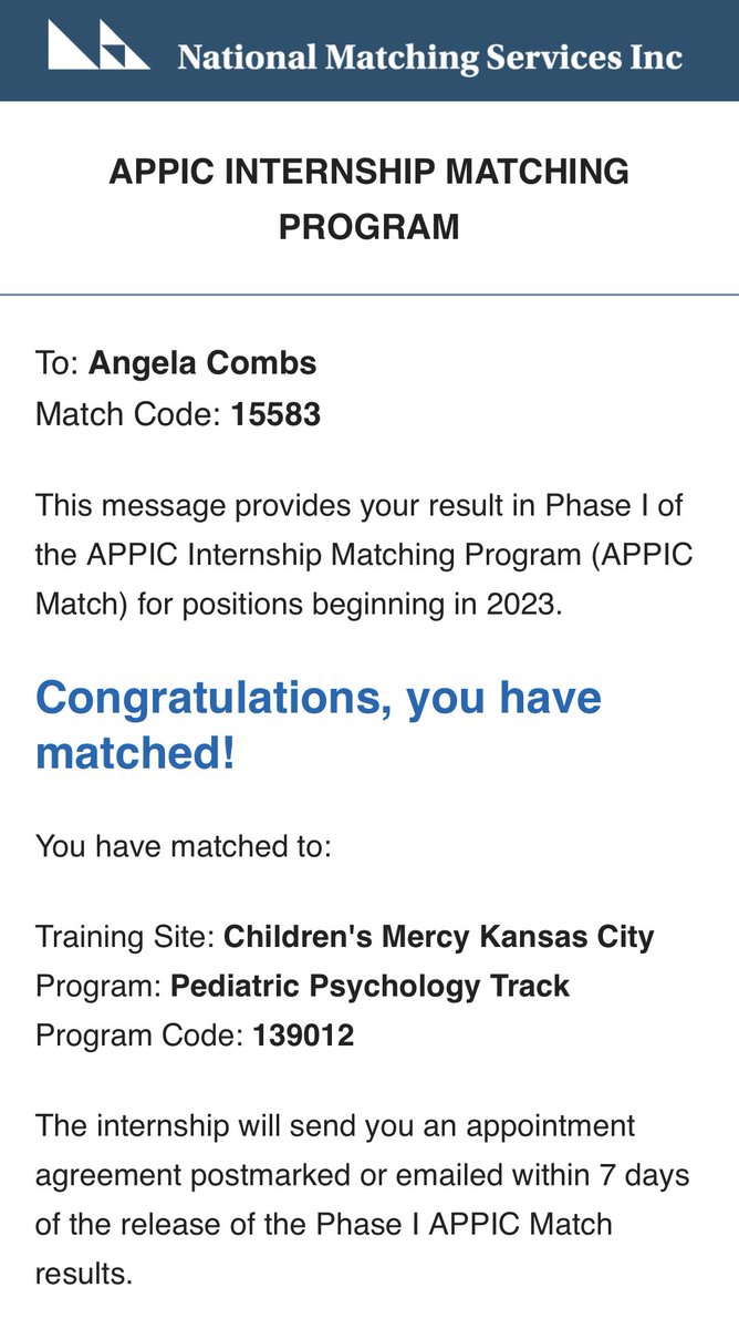 I am thrilled to announce that I’ve matched to the incredible #pedspsych internship @ChildrensMercy! A fantastic end to a long #APPIC journey and I can’t wait for this new adventure! Sorry in advance for my Bengals gear, KC! 🙃
