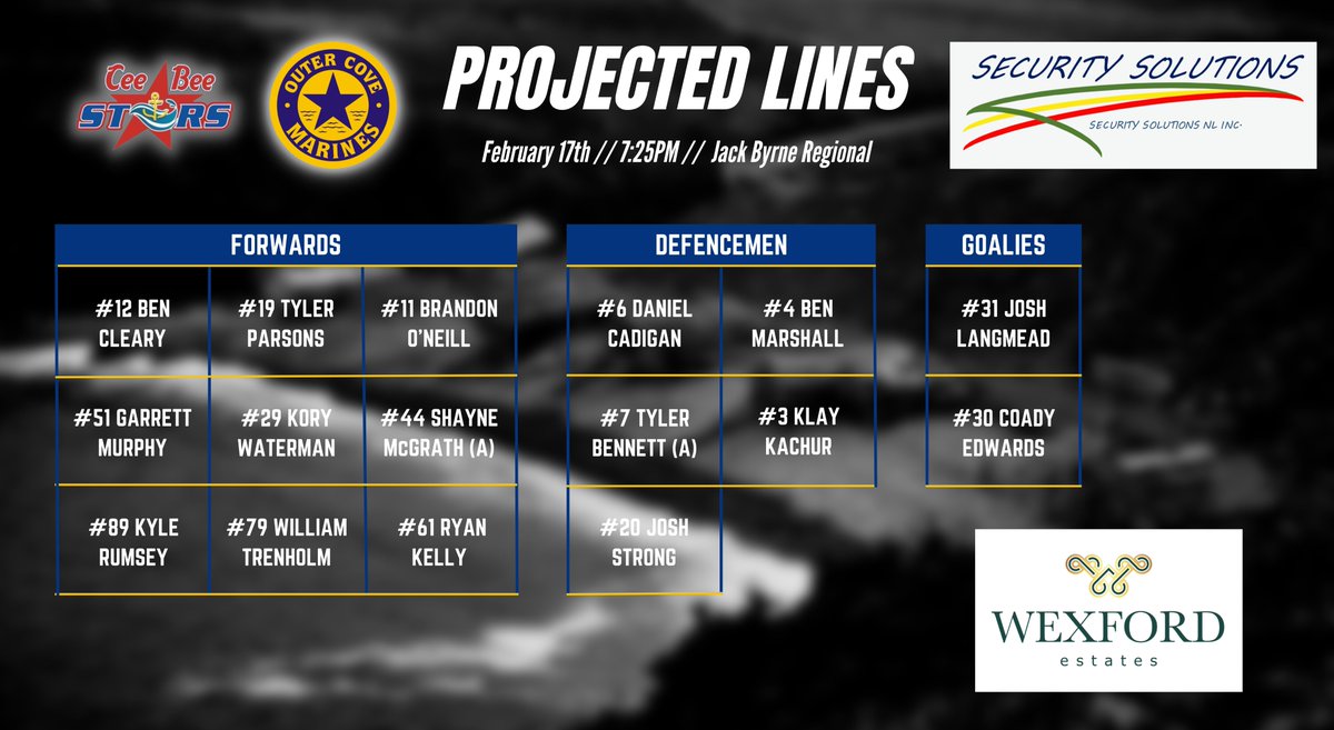 OCMarinesHockey's tweet photo. Tonight's Projected Lineup is highlighted by the return of Josh Langmead!!!

Brought to you by Security Solutions

🚨 Outer Cove Marines vs HGOE CeeBee Stars🚨

February 17th // 7:25 PM // Jack Byrne Regional Sports and Entertainment Center, Torbay, NL

#OCMarineshockey https://t.co/xsMF3VOSaH