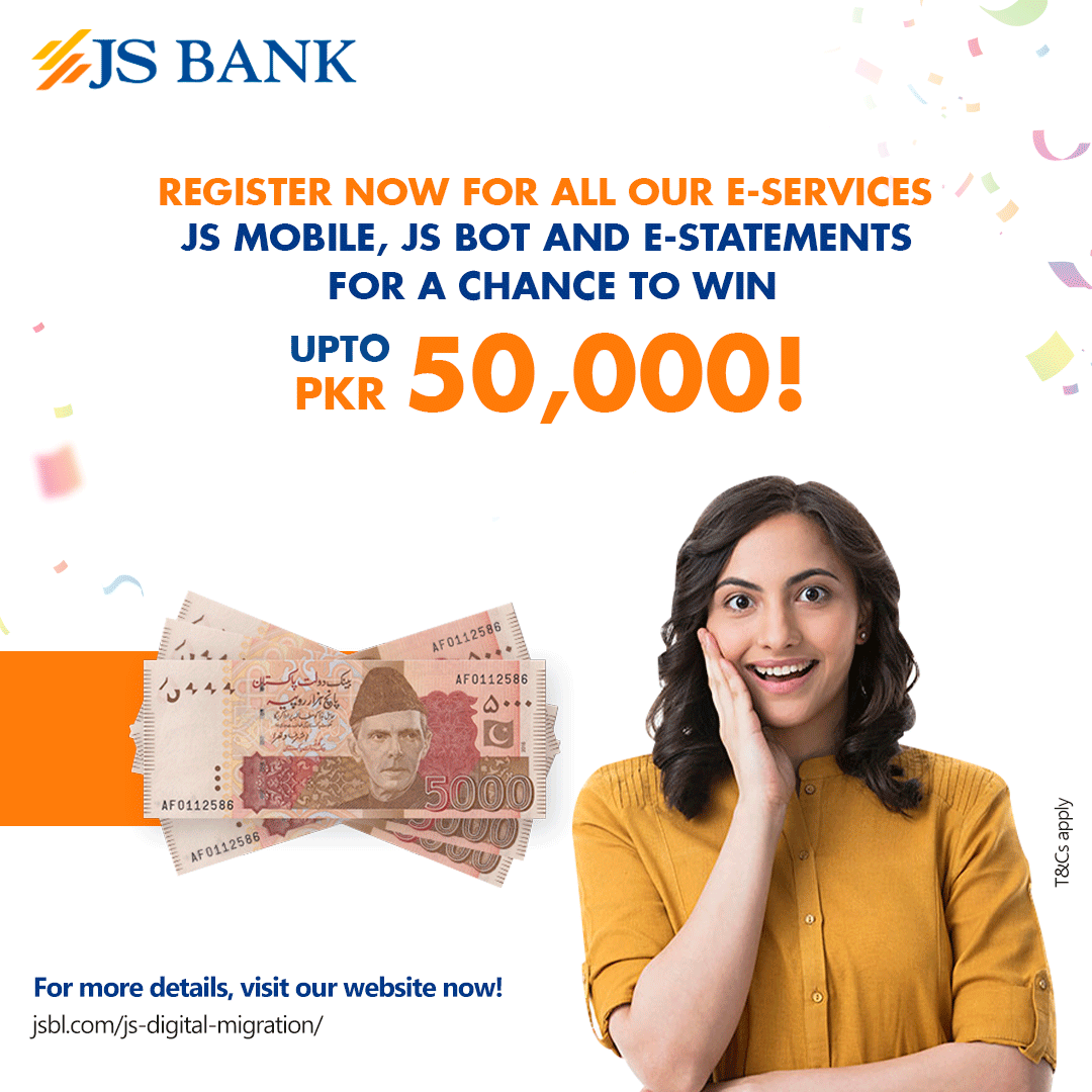 JSBLPak's tweet photo. Get a chance to win exciting cash prizes by registering for our e-services!
Simply follow the steps mentioned in the link below to become eligible: https://t.co/PviUjE9AHT
*Valid for JS Bank customers only
*T&Cs apply
#JSBank #BarhnaHaiAagey #JSMobile #JSBot #EStatements https://t.co/7HLamOPxpr