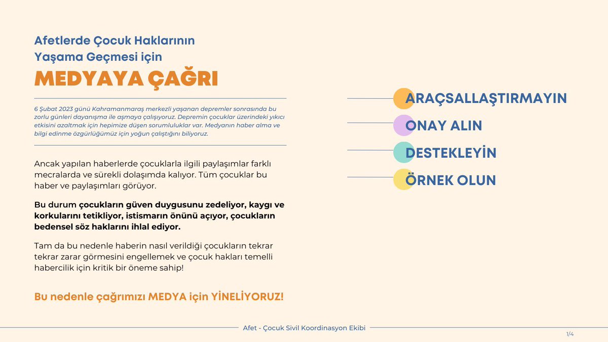 melda_akbas's tweet photo. AFETLERDE ÇOCUK HAKLARININ YAŞAMA GEÇMESİ İÇİN
MEDYAYA ÇAĞRI❕

✅ ARAÇSALLAŞTIRMAYIN
✅ ONAY ALIN
✅ DESTEKLEYİN
✅ ÖRNEK OLUN

Ve unutmayın bunlara uymadığımızda çocukların hak ihlallerine yenisini eklemiş oluyoruz. 

Afet - Çocuk Sivil Koordinasyon Ekibi https://t.co/21wVXjclY7