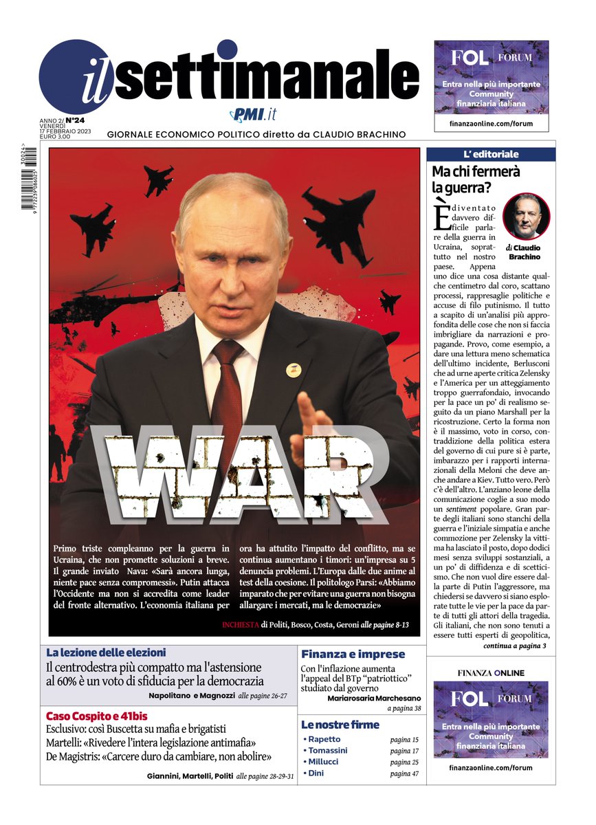 PMI_it's tweet photo. La copertina de Il Settimanale del #17febbraio è sull'imminente anniversario della guerra in Ucraina. E il direttore @CBrachino si chiede: Chi la fermerà?
Alla guerra dedichiamo la nostra inchiesta (con i timori economici per un prolungarsi del conflitto).
#IlSettimanale https://t.co/hq6ebMRiPn