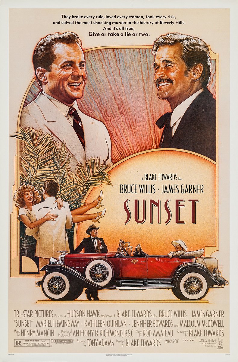 “Sunset” (1988) #MoviePoster 

Tom Mix (#BruceWillis) and Wyatt Earp (#JamesGarner) team up to solve a murder at the #AcademyAwards in 1929 #Hollywood.

#BlakeEdwards #Actors #Cowboys #Movies #Film #Illustrated #Art #80s