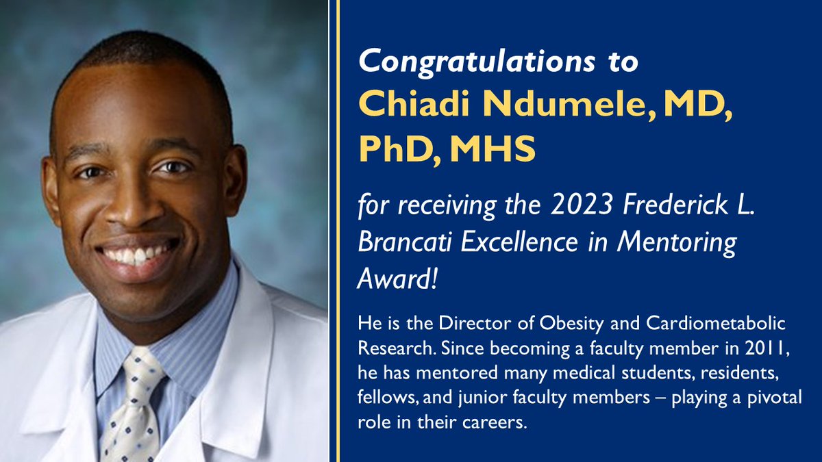 The 2023 Frederick L. Brancati Excellence in Mentoring Award goes to Dr. Chiadi Ndumele! Congrats!🎉 @Hopkins_GIM Director @jmclark_md presented Dr. Ndumele with the award Friday at the #HopkinsResearchRetreat. @BrancatiCenter @JohnsHopkinsDOM @HopkinsEnginee