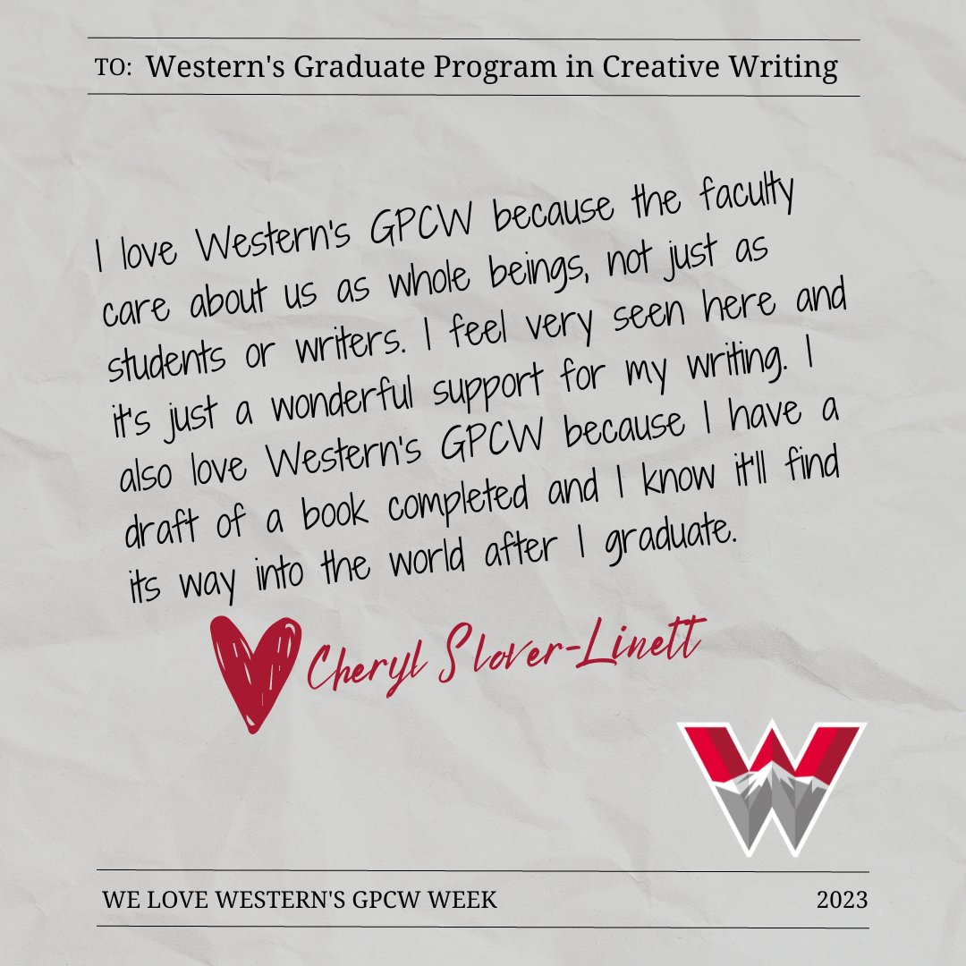 Current #Poetry student Cheryl Slover-Linett loves Western's GPCW! 

#lowresidencyMFA #students #weloveourstudents #westerncoloradouniversity #amwriting #writingcommunity #valentines2023 #valentines #valentine #love