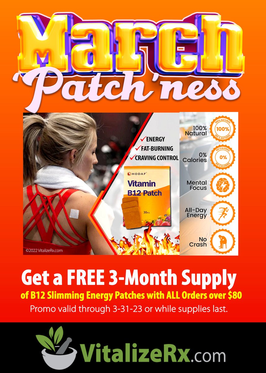 BodyFitTweets's tweet image. Get a FREE 3-month supply of B12 Slimming Energy Patches with every order over $80 from now through 3-31-23 at VitalizeRx! #b12 #hcg #semaglutide