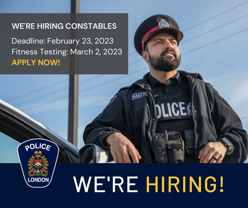 We’re hiring Constables! With more than 70 different specialization options, a career at the LPS offers a #LifetimeOfOpportunities.

Application deadline –February 23, 2023
Fitness testing date (by invitation)–March 2, 2023

Apply now: bit.ly/2MY9jT9 #LdnOnt #Careers
