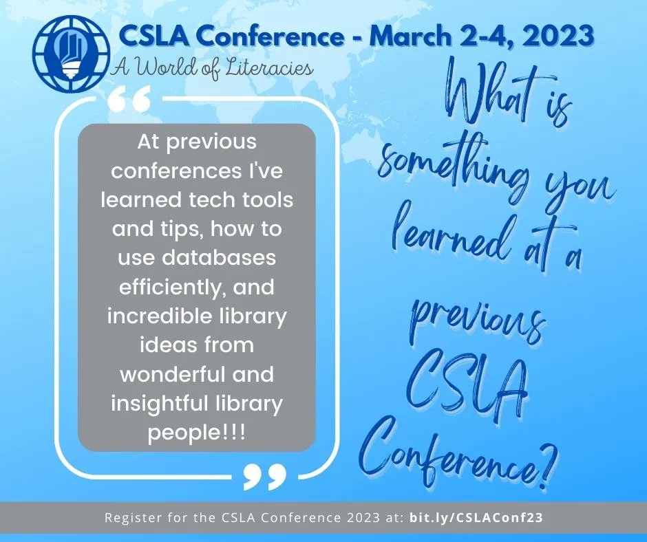 4csla's tweet image. With a jam-packed schedule of Workshops and Seminars on Friday and Saturday, you won&apos;t believe how much you will learn at this year&apos;s #CSLAConference!
Register today at buff.ly/3LpPLBt
#4csla #BetterTogether #ProfDev #SchoolLibraries #CaliforniaLibraries #librarytwitter