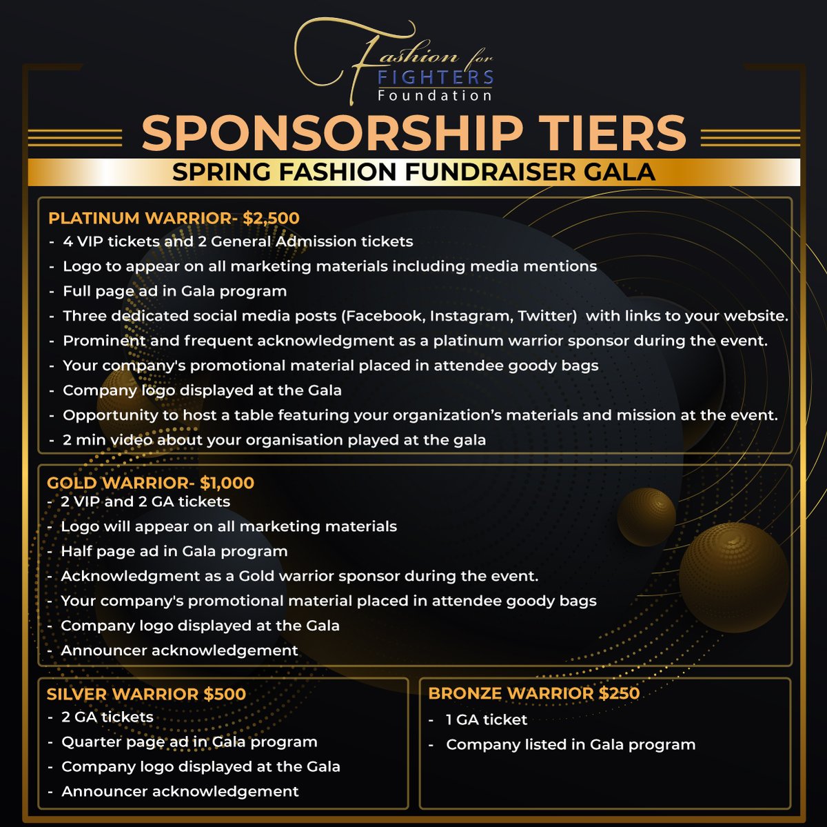 The Fashion for Fighters Foundation restores, empowers, and renews hope for our wounded service members and their families.

Your support is needed. Support through: a donation, corporate sponsorship, and/or In-Kind Donations. bit.ly/3ZRHIUK