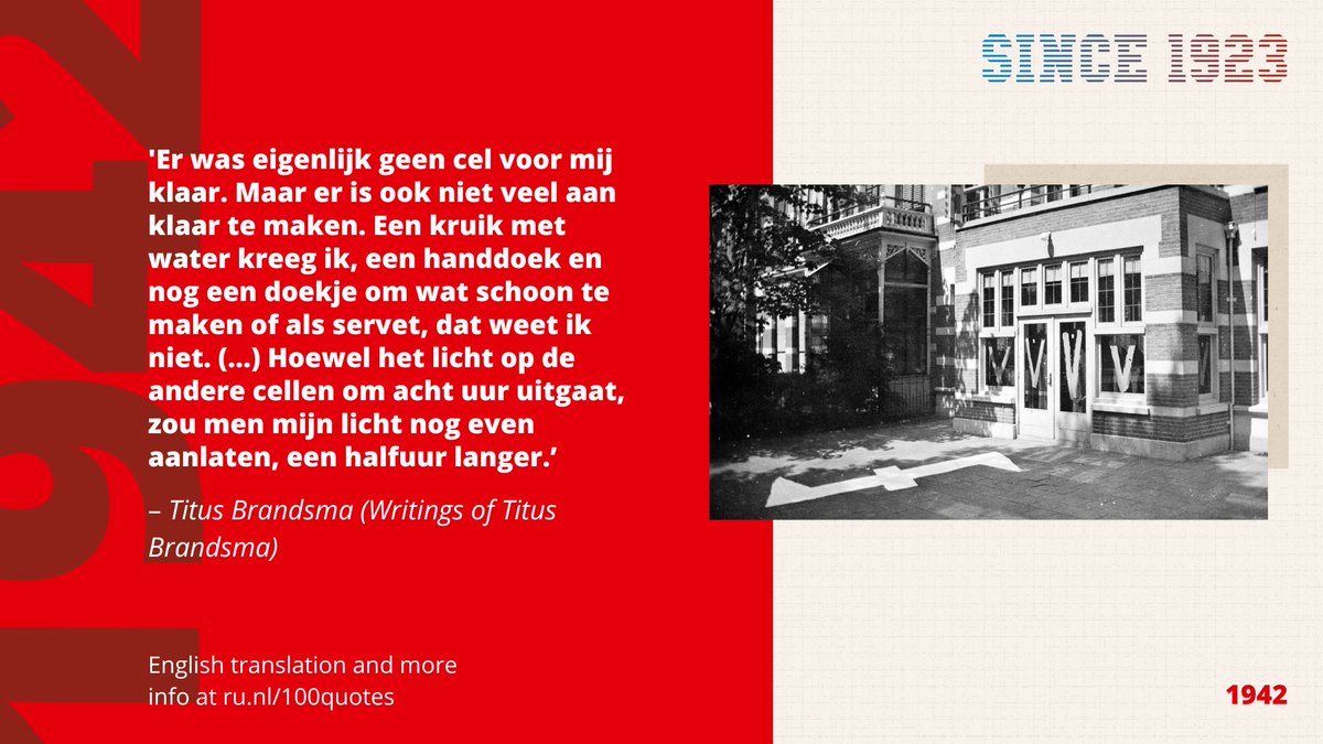 From 8 to 12 May, we will celebrate Radboud University's 100th anniversary. We count down with a trip down memory lane. Dive into the archives with the #Radboud100 quotes and find out daily what happened in #1942. Want to know more? Find out at ru.nl/100quotes