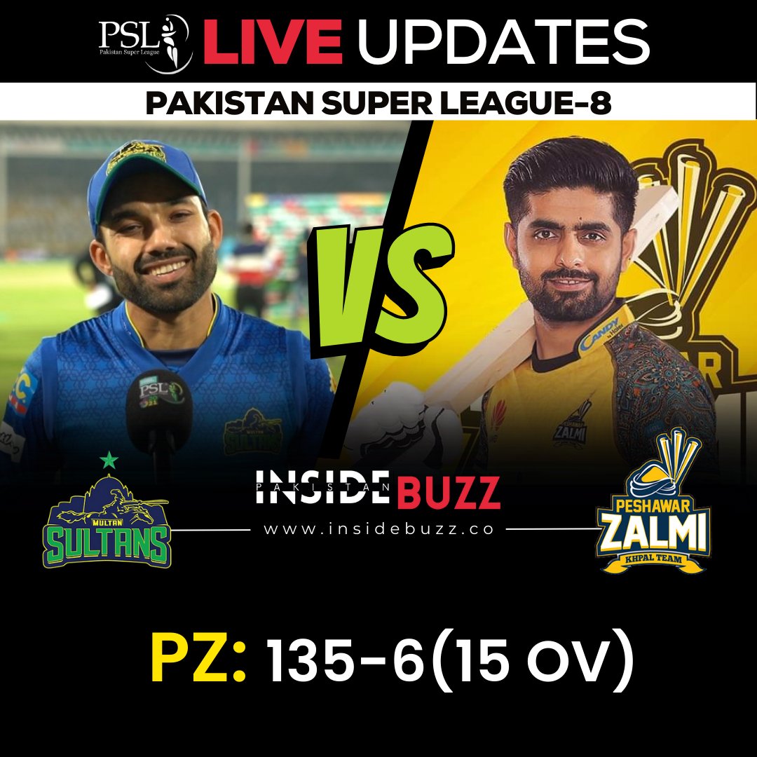 insidebuzzco's tweet image. PSL - 8 (5th Match)

#MultanSultans vs #PeshawarZalmi

Peshawar: 135 runs 6 out
Over: 15

TARGET FOR ZALMI: 211

#insidebuzz #liveupdate #psl8 #PZvsKK #KKvPZ #QGvMS #MSvPZ #LiveStreaming #PakistanSuperLeague #sports