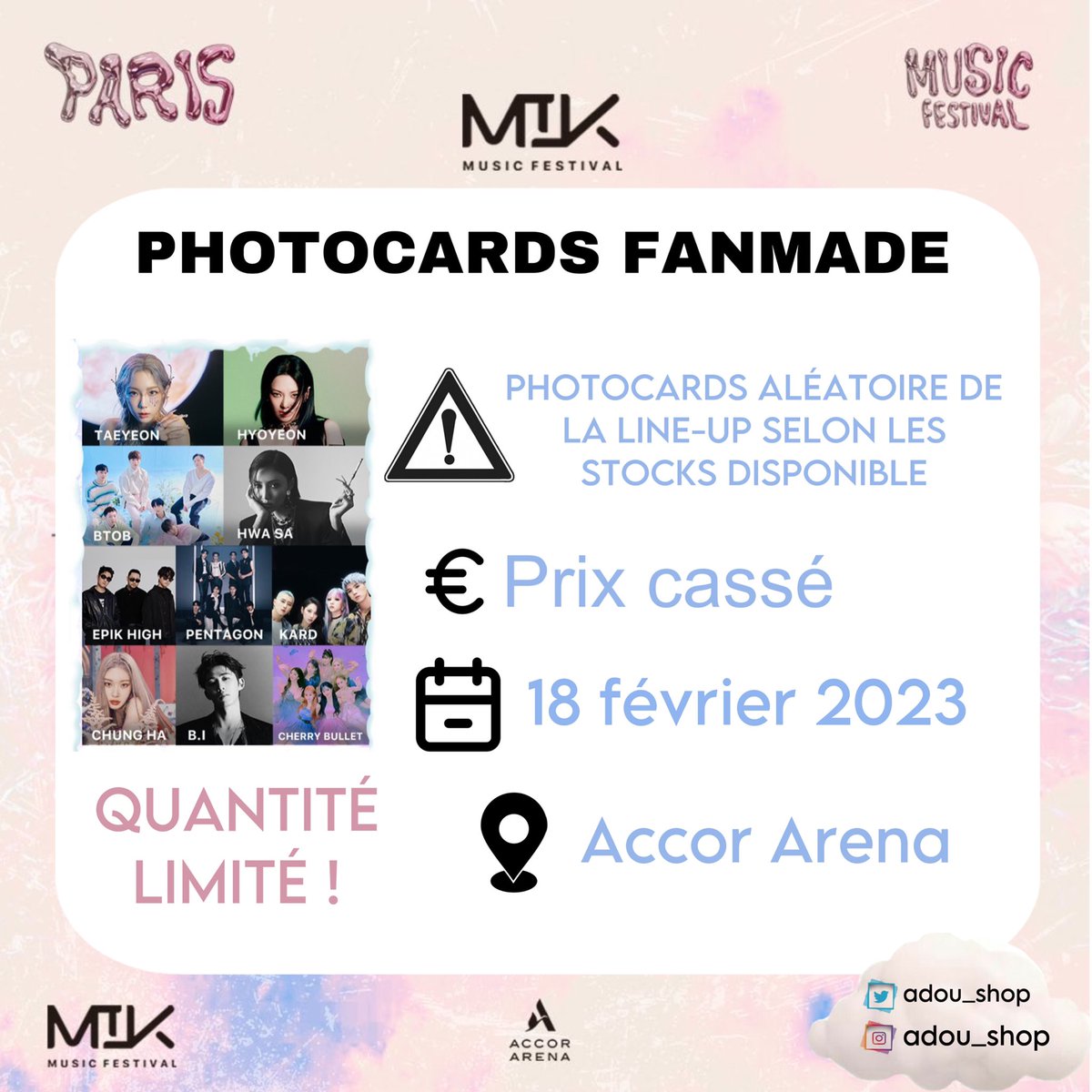 [ #MIKFESTIVAL &amp; #mikfestivalparis ] 

J’ai concocté des photocards moi-même, fanmade, pour l’événement de demain.
Disponible en quantité limité &amp; prix cassé! 🫧

Pour le Mik Festival, je serais présente le 18/02 a l’AHA, j’espère que mon travail vous plaira !