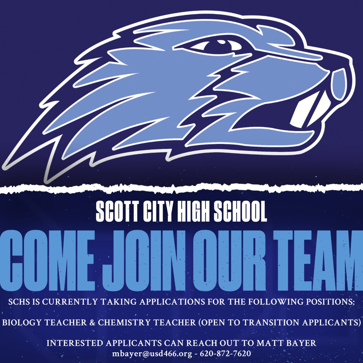 SCHS IS CURRENTLY TAKING APPLICATIONS FOR THE FOLLOWING POSITIONS:

- BIOLOGY TEACHER 
- CHEMISTRY TEACHER 

Transition Opportunities May Be Available To Anyone With A Science Background/Degree 

INTERESTED APPLICANTS CAN REACH OUT TO MATT BAYER
mbayer@usd466.org - 620-872-7620