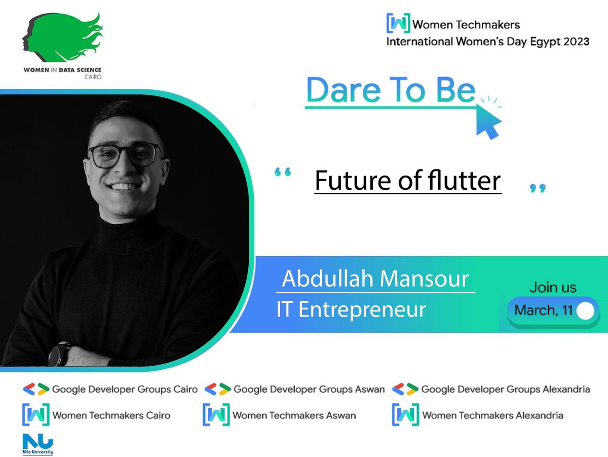 Let's announce our next speaker
👨‍💻Abdullah Mansour💥
● IT Entrepreneur
● Founder of Mansour Academy
#WTMDareToBe #IWD23 #IWD23Egypt #IWDMENA #WomenTechMakers #Women_in_Data_Science_Cairo #WIDS #WTM
#GDGAswan #GDGCairo #GDGAlexandria