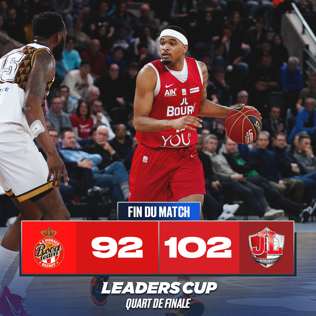 Betclic_ELITE's tweet image. 😱 Immense exploit de la @JLBourgBasket qui élimine Monaco, grand favori de la #LeadersCup et triple vainqueur de la compétition !
🔜 Les joueurs de Fred Fauthoux défieront Dijon ce samedi à 18h30 sur #lequipeLIVE pour une place en finale.