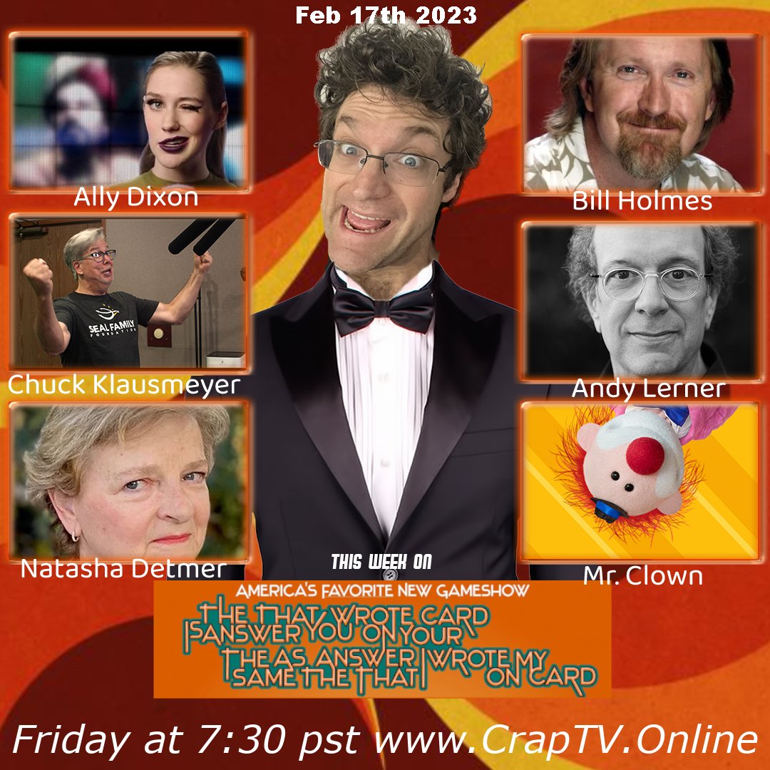 @vodoctor 
<a href="/MrClownTV/">MC and Friends!</a> 
<a href="/ChuckKlausmeyer/">Chuck Klausmeyer</a> 
<a href="/allysonofadixon/">Ally Dixon</a> 
@AndyLernerphoto 
<a href="/ShaneSalk/">Shane Salk</a> 

A very special Game Show Day!!! With guest host SHANE SALK! Will he duplicate Bills hosting abilities or is it actually going to be a funny show this time. 😉 We kid! Bring on the fun.