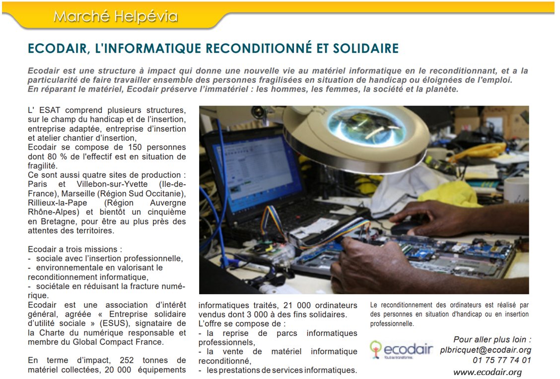 Ecodair_ESS's tweet image. Retenu pour la dernière édition de la News #Helpévia, nous vous recommandons de lire cet article qui présente nos différentes actions en faveur des personnes fragiles et du reconditionnement informatique. ♻

#ESAT #ecodair #reconditionnementinformatique #recyclage #handicap