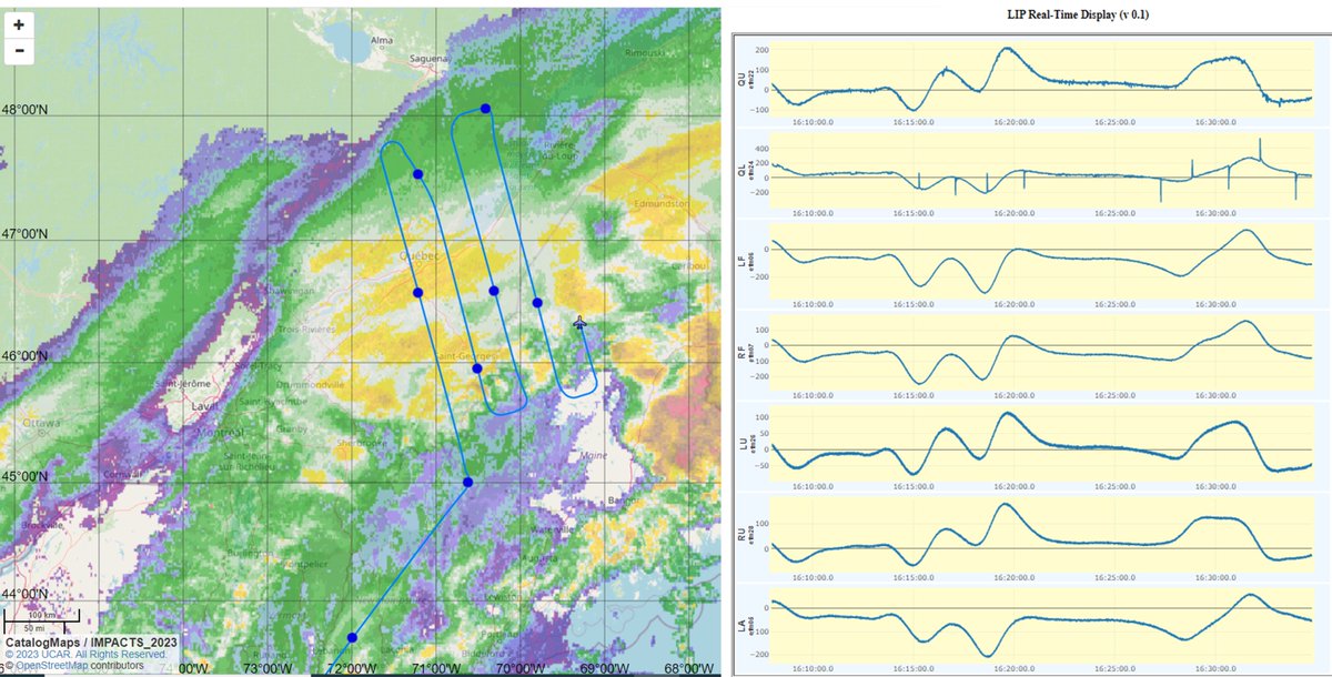 Excited about today's <a href="/SnowIMPACTS/">IMPACTS</a> flight  because we're observing electrified snowbands which are not producing #lightning, but generating fields on the order of 100-200 V m-1. Key measurements for understanding how these systems charge up and also generate lots of snow. #mewx
