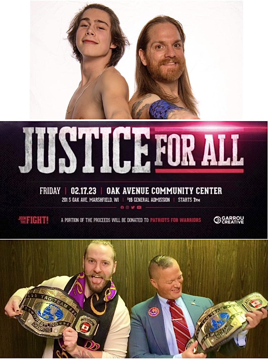 KodaJacobs_'s tweet photo. ‼️TONIGHT in MARSHFIELD, WI‼️
The McCoys want another crack at these tag straps 🏆,
But the ship has already sailed,
The train has left the station,
And The #AbsolutePowerTrip now rules the roost in the Tag Team ranks! 👍🧣🪧☕️🇺🇸
#FrontlinePro presents #JusticeForAll https://t.co/OydoHDKGYI