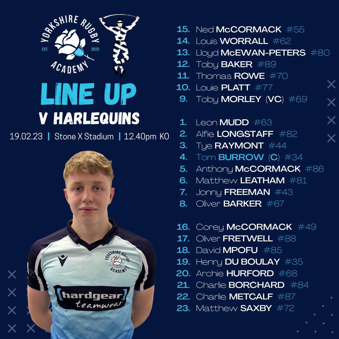 Yorkshire Rugby Academy (@yorksrugbyacad) on Twitter photo Here is our final line up for the <a href="/premrugby/">PREM Rugby</a> academy league campaign.
Taking on <a href="/QuinsAcademy/">Harlequins Academy</a> from 12:40 and all the action will be live streamed here youtube.com/watch?v=hlzu44โฆ
One more chance for this amazing group to leave better
#thefutureisyorkshire Here is our final line up for the <a href="/premrugby/">PREM Rugby</a> academy league campaign.
Taking on <a href="/QuinsAcademy/">Harlequins Academy</a> from 12:40 and all the action will be live streamed here youtube.com/watch?v=hlzu44โฆ
One more chance for this amazing group to leave better
#thefutureisyorkshire