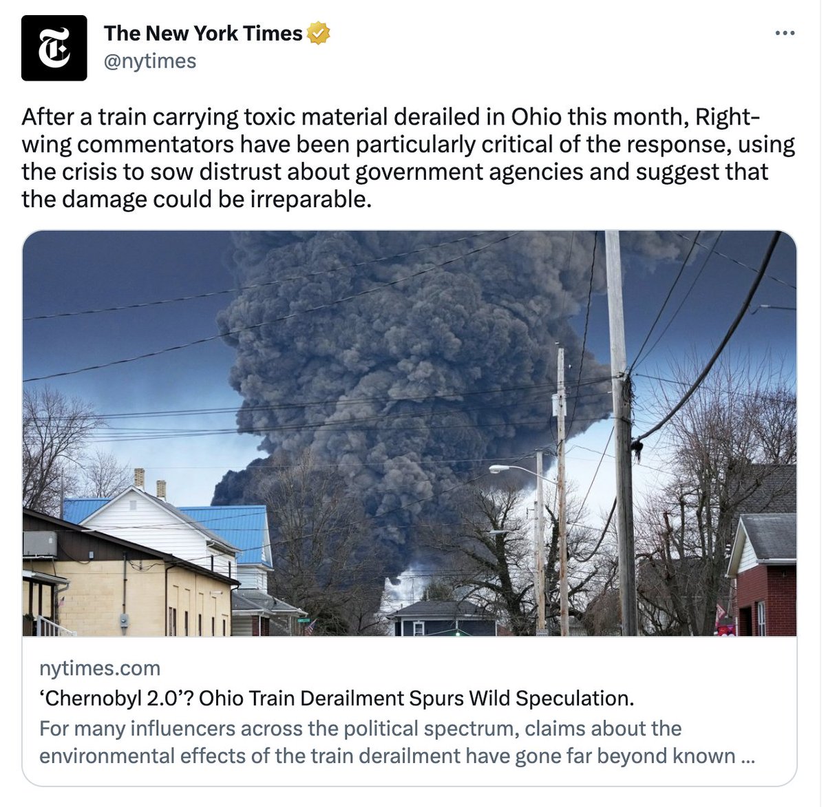 The #NewYorkTimes, the top of the Government's  #PropagandaPyramid... dismiss the #OhioChemicalDisaster as #RightWingPropaganda