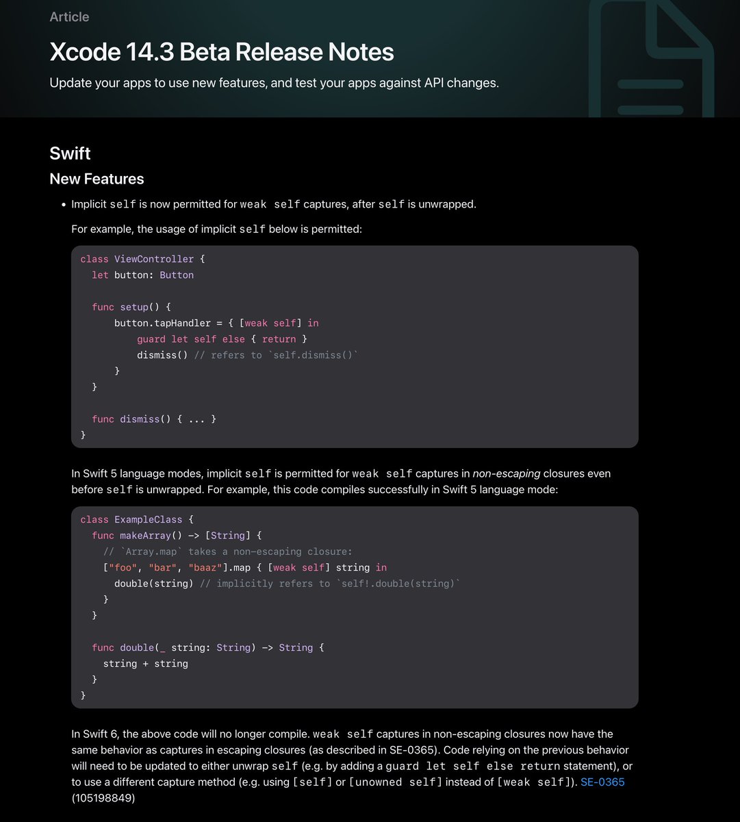 calstephens98's tweet image. Xcode 14.3 beta with Swift 5.8 was released yesterday! Swift 5.8 includes the implementation of SE-0365 that I worked on last year. Now we can use implicit self in [weak self] closures too :) github.com/apple/swift-ev…