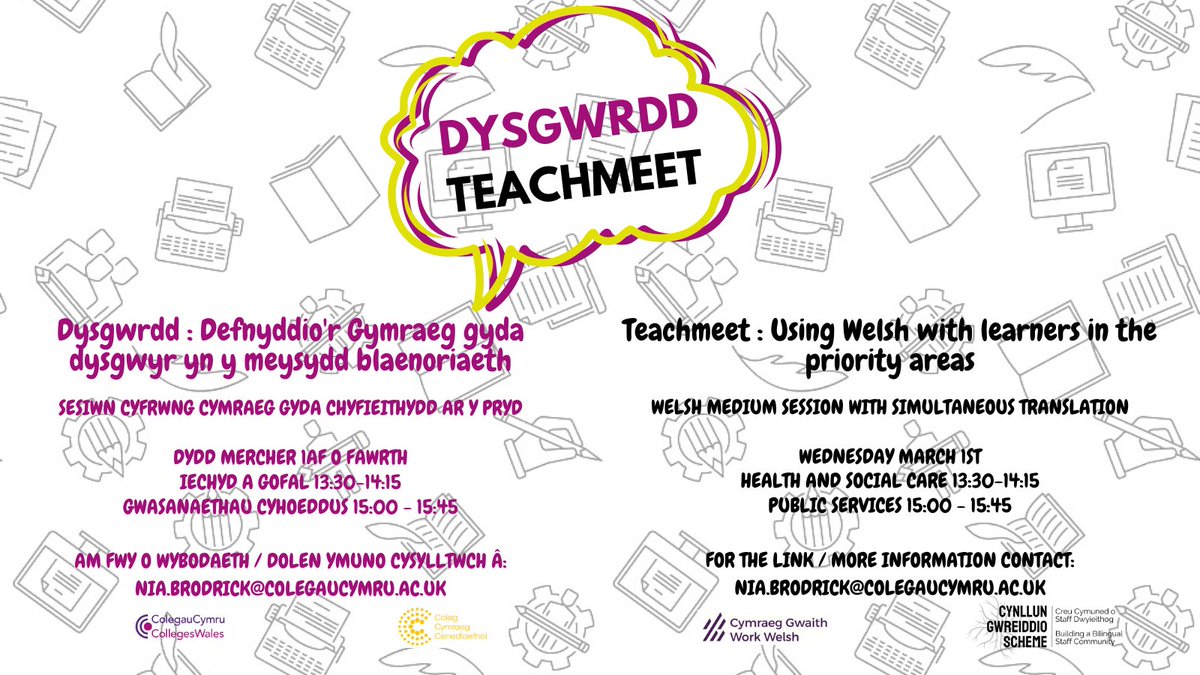 Edrych ymlaen at y #dysgwrdd Cymraeg Gwaith ar Fawrth y 1af ar y cyd gyda'r <a href="/colegcymraeg/">Coleg Cymraeg</a> 

Bydd llawer o siaradwyr gwadd yn ymuno i ddangos syniadau o bump o'n colegau addysg bellach 

Dewch a phaned a gwrandewch ar yr holl syniadau yn benodol ar gyfer eich sector ☕️