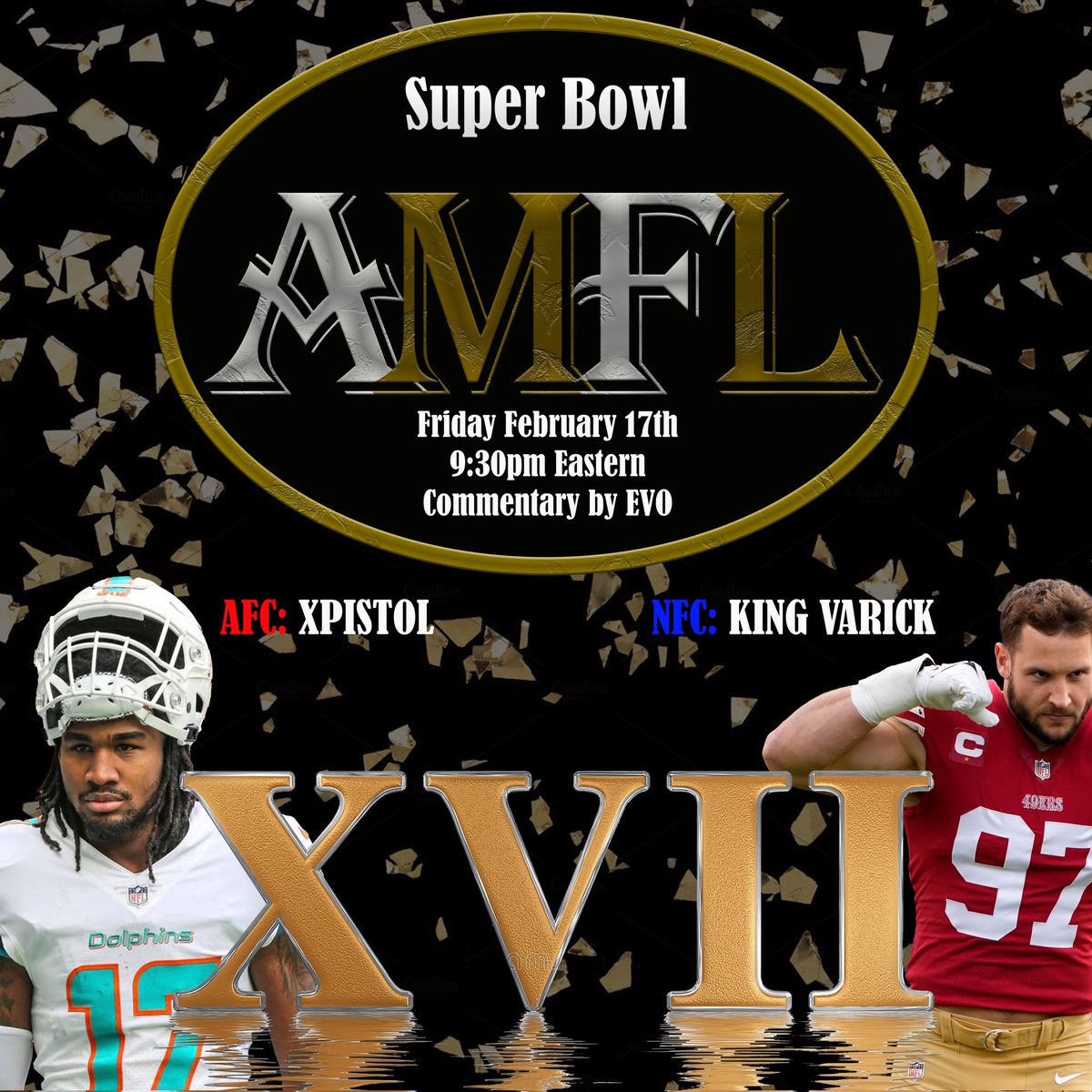 AMFLsimleague's tweet photo. Idk if we ever have had a SuperBowl game with alot of interest. Tonight a rematch from s3 SuperBowl. #FinsUp v #49ers 
As of now we do not know who will be streaming so please stay tuned for that but kickoff starts at 930p est #twitch #MaddenNFL23XboxSeriesXS #SuperBowl https://t.co/dGWxKcExw9