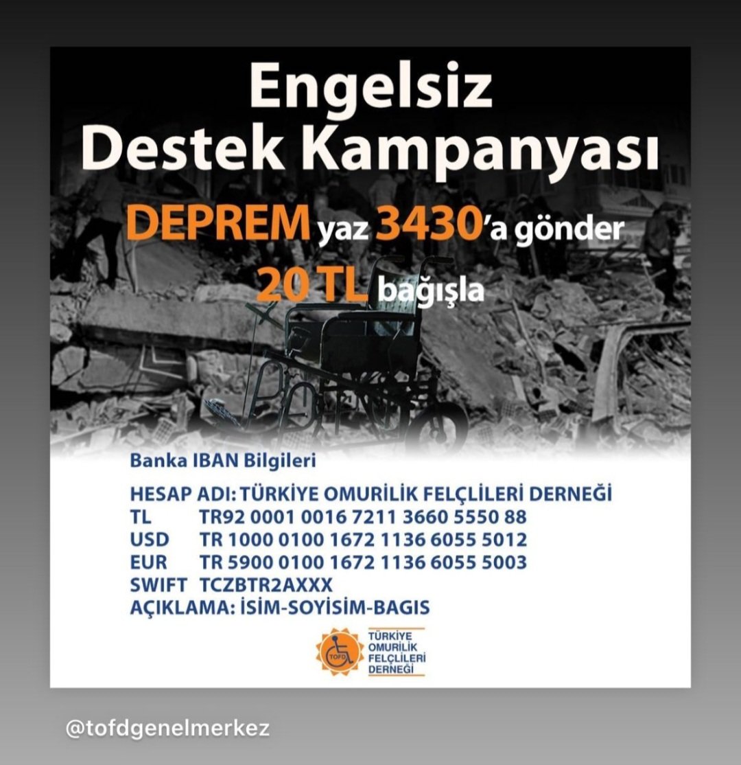 nnessett's tweet photo. #Engelsiz destek kampanyası #deprem yaz 3430'a gönder @tofdgenelmerkez https://t.co/zOEymUw1vA