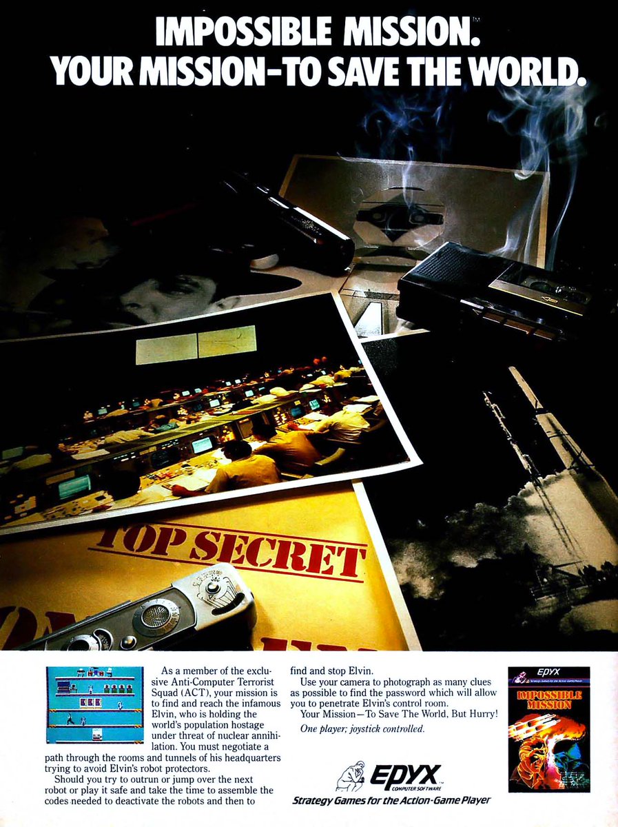 doteaters's tweet photo. Impossible Mission, by Epyx, was an absolute classic on early 8-bit computers. A funny thing about this 1984 ad: the robot shown in the dossier picture is one of the Androbots from Nolan Bushnell's Androbot company. 
#retrogaming #computer #gaming #bitstory https://t.co/kkfkWteDv6