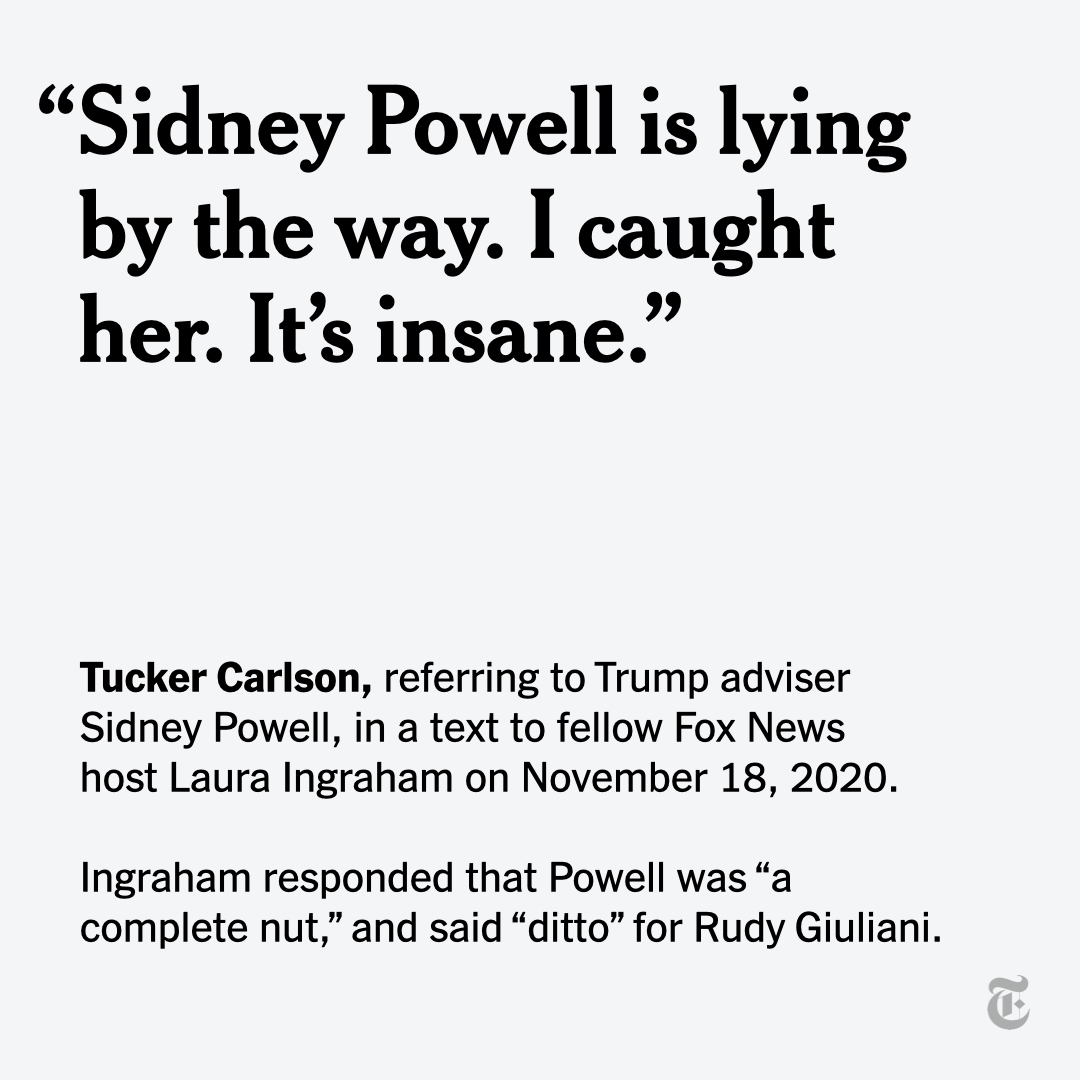nytimes's tweet photo. Newly disclosed messages from some of the biggest Fox News stars and executives reveal that they privately expressed disbelief about Donald Trump’s false claims that the 2020 election was stolen, even as the network promoted many of those lies. https://t.co/BrOmxIdOw6 https://t.co/E9hztvLthx
