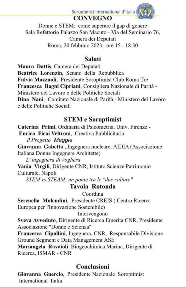 Lunedi 20 alla Camera dei Deputati Donne e STEM con <a href="/serenellamo/">Serenella Molendini</a> <a href="/SvevaAvve/">Sveva Avveduto</a> <a href="/SIItalia/">Soroptimist Italia</a> anche da remoto us02web.zoom.us/j/89182428599?…