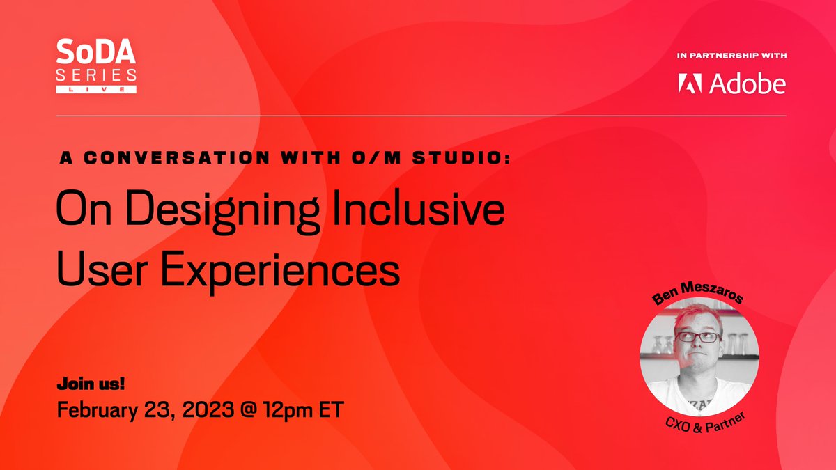 SoDAspeaks (@sodaspeaks) on Twitter photo 🗓 Next Thursday (2/23 @ noon ET), join <a href="/o_m_studio/">OM Studio✌️</a> and <a href="/Adobe/">Adobe</a> for a discussion on innovating with intention, establishing trust with clients, and using design as a tool for bettering people’s lives. Streamed live on <a href="/creativecloud/">Adobe Creative Cloud</a>. bit.ly/3SfMRCH 🗓 Next Thursday (2/23 @ noon ET), join <a href="/o_m_studio/">OM Studio✌️</a> and <a href="/Adobe/">Adobe</a> for a discussion on innovating with intention, establishing trust with clients, and using design as a tool for bettering people’s lives. Streamed live on <a href="/creativecloud/">Adobe Creative Cloud</a>. bit.ly/3SfMRCH