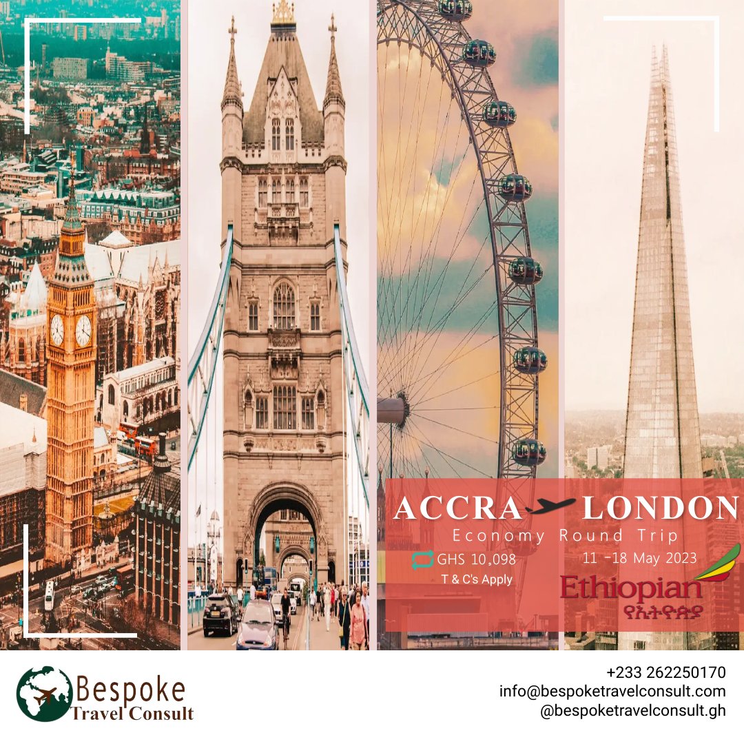 Discover the best of London and we will guide your journey. Fare is valid from 11- 18 May 2023. T & C’s Apply.
.
Call or WhatsApp +233 262250170 for further enquiries.
.
 #hotelreservation #airlinereservation #travelplanner #solotrips #travel #unitedkingdom #london #aburi