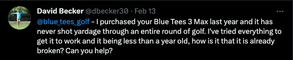 dbecker30's tweet photo. @blue_tees_golf - Is there anything you can do to help  or am I just out $200+ dollars and have to find a new one? The user manual hasn't provided a useful solution. https://t.co/fhANjVuRqn
