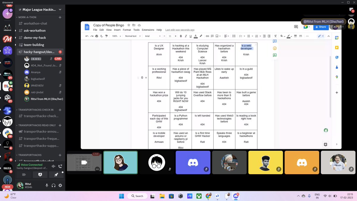 MLHacks's tweet photo. Awesome stories being shared at the #Workathon People Bingo Mini-event! Register: https://t.co/RPCFY24Nv4 to join in the funn! https://t.co/RIMKe9ZbAb