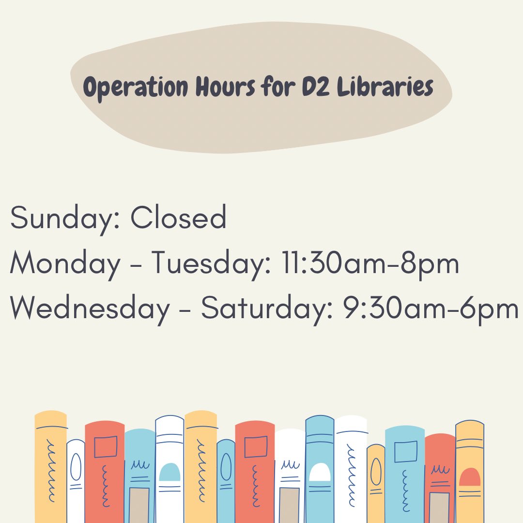 It’s #NationalLibraryLoversMonth! 📚

TY to everyone at the @SDPublicLibrary and @LibraryFoundSD for all of your hard work to provide excellent service to the many patrons who visit our libraries across San Diego. ✨

Check out all of our D2 #Libraries and their operating hours.