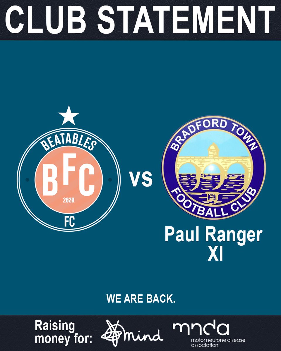 BeatablesFC's tweet photo. Club Statement:

𝗪𝗲 𝗮𝗿𝗲 𝗯𝗮𝗰𝗸.

📍 Trowbridge Road, BA15 1EX.

📅 03/06/23.

We are delighted to announce that we will be taking part in our second charity football match, in aid of @MindCharity and @mndassoc.

#BFC https://t.co/9dMAtVGh7k