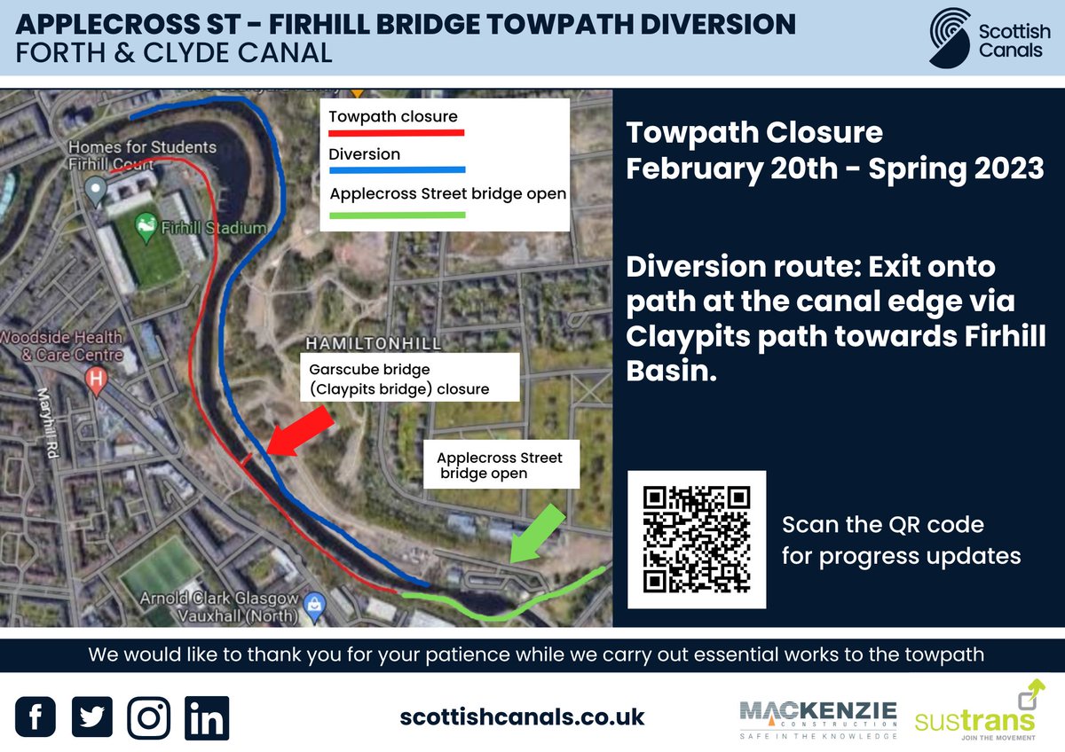 A section of towpath on the Forth &amp; Clyde Canal, North Glasgow is to be upgraded thanks to investment from <a href="/SustransScot/">Sustrans Scotland</a> to improve active travel experience. 

The installation of new solar LED towpath lighting will assist at low light.

For more details: bit.ly/3Z3kzO5